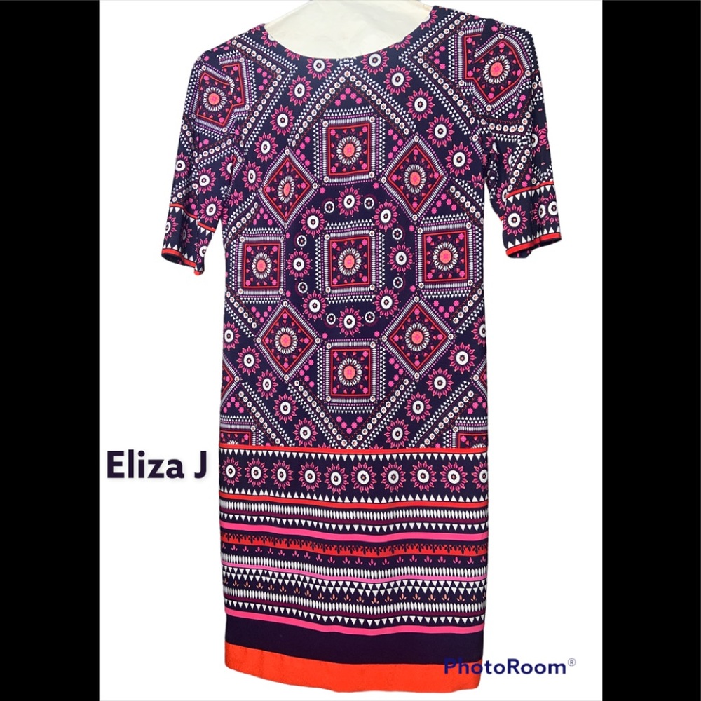 Eliza J Geometric Print Shift Dress Sz 2P petite knee